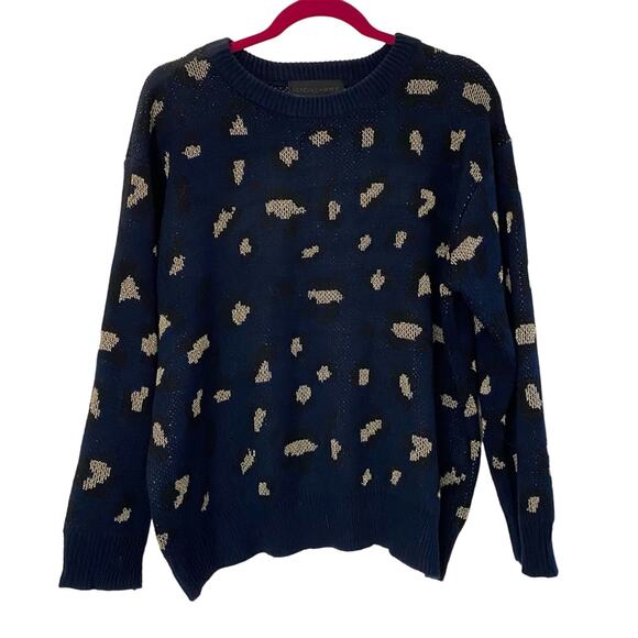 KENDALL & KYLIE • Navy + Gold Leopard Cheetah Animal Print Crew Neck Sweater - Picture 2 of 5